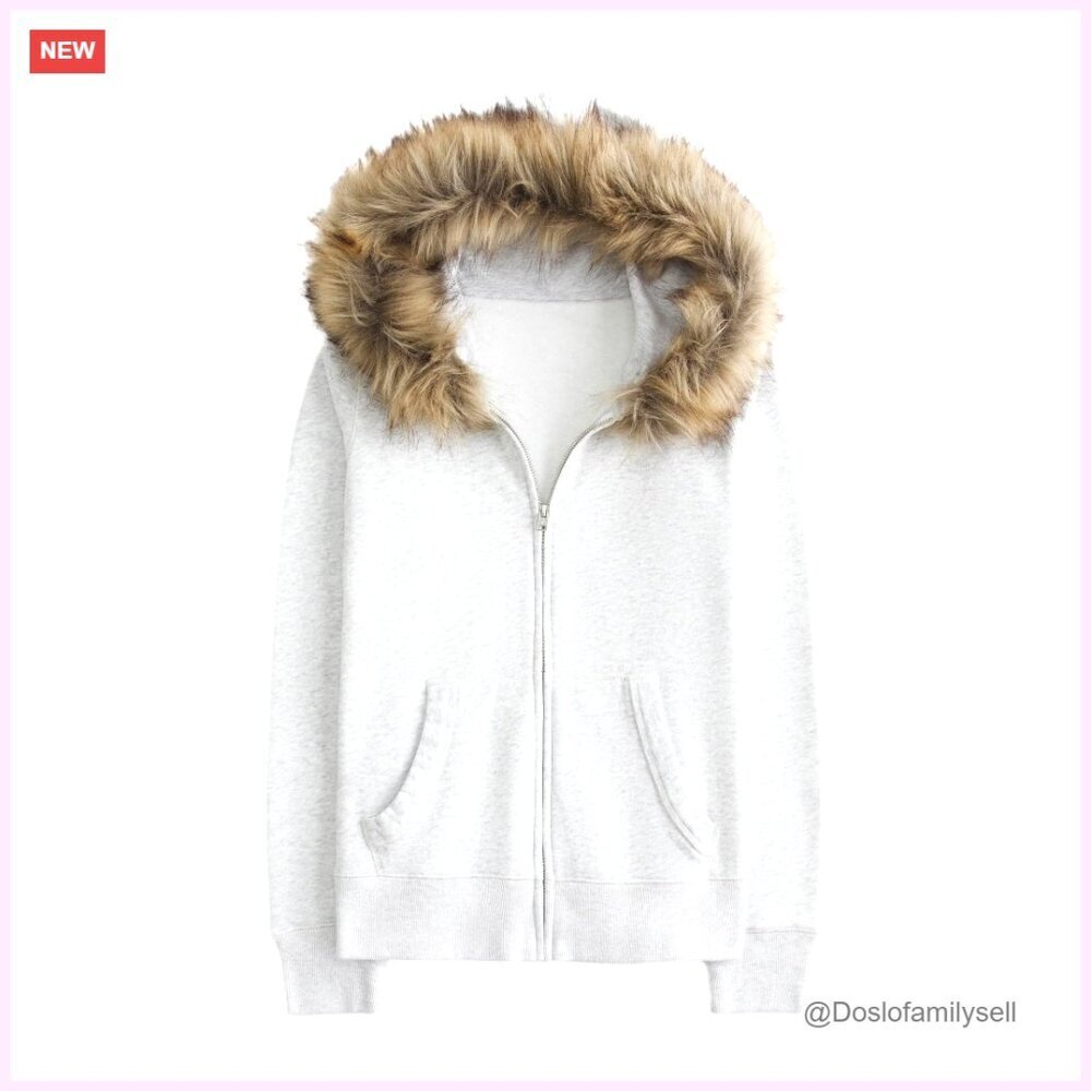 Oversized Zip-Up Hoodie with Faux Fur Trim and Fleece Lining